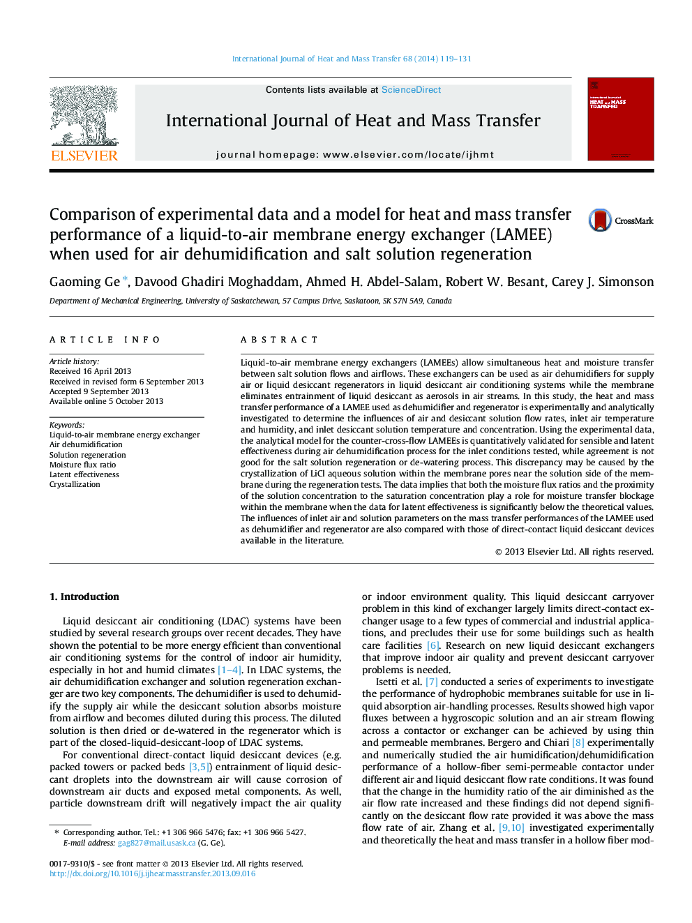 Comparison of experimental data and a model for heat and mass transfer performance of a liquid-to-air membrane energy exchanger (LAMEE) when used for air dehumidification and salt solution regeneration