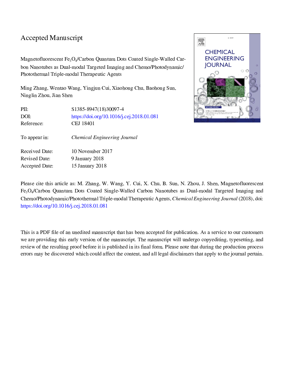 Magnetofluorescent Fe3O4/carbon quantum dots coated single-walled carbon nanotubes as dual-modal targeted imaging and chemo/photodynamic/photothermal triple-modal therapeutic agents