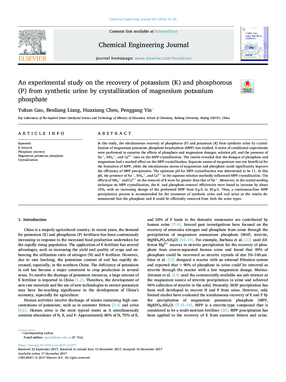 An experimental study on the recovery of potassium (K) and phosphorous (P) from synthetic urine by crystallization of magnesium potassium phosphate