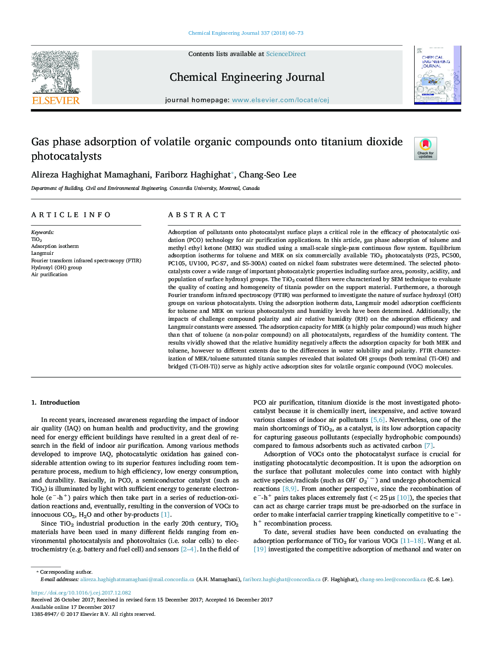 Gas phase adsorption of volatile organic compounds onto titanium dioxide photocatalysts