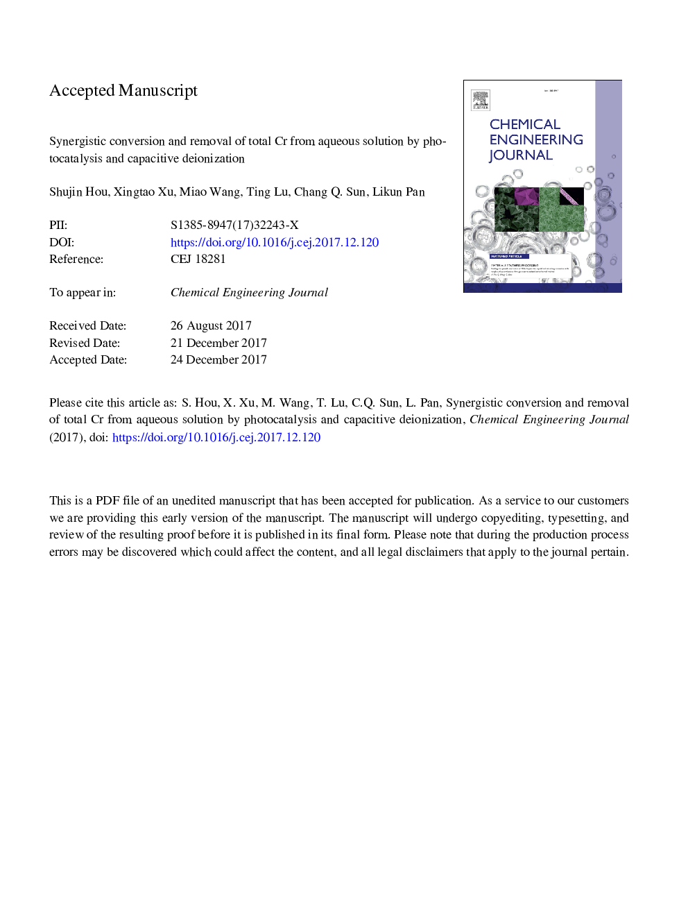 Synergistic conversion and removal of total Cr from aqueous solution by photocatalysis and capacitive deionization