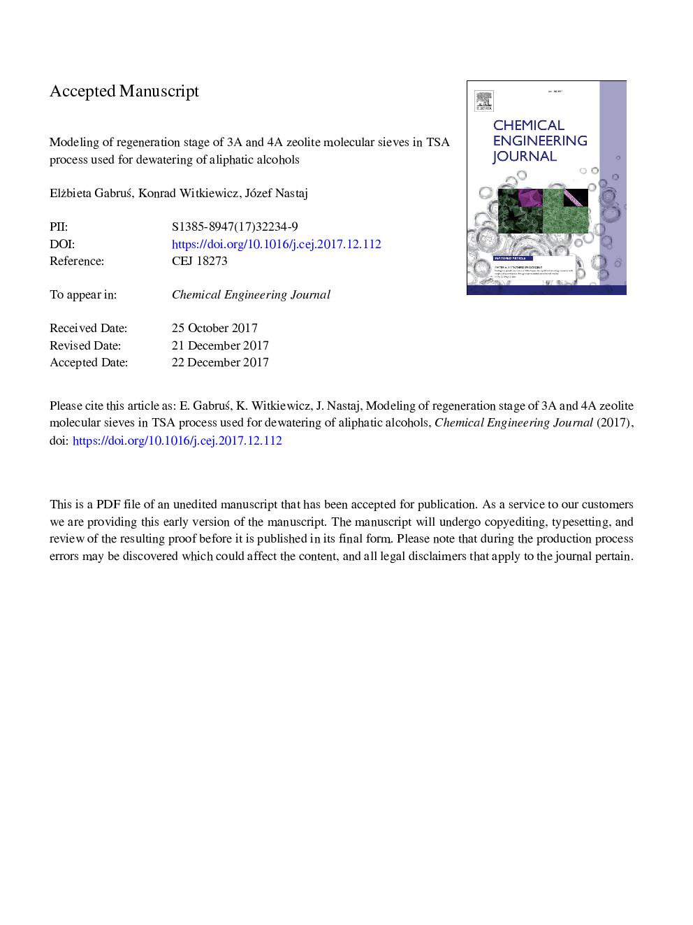 Modeling of regeneration stage of 3A and 4A zeolite molecular sieves in TSA process used for dewatering of aliphatic alcohols