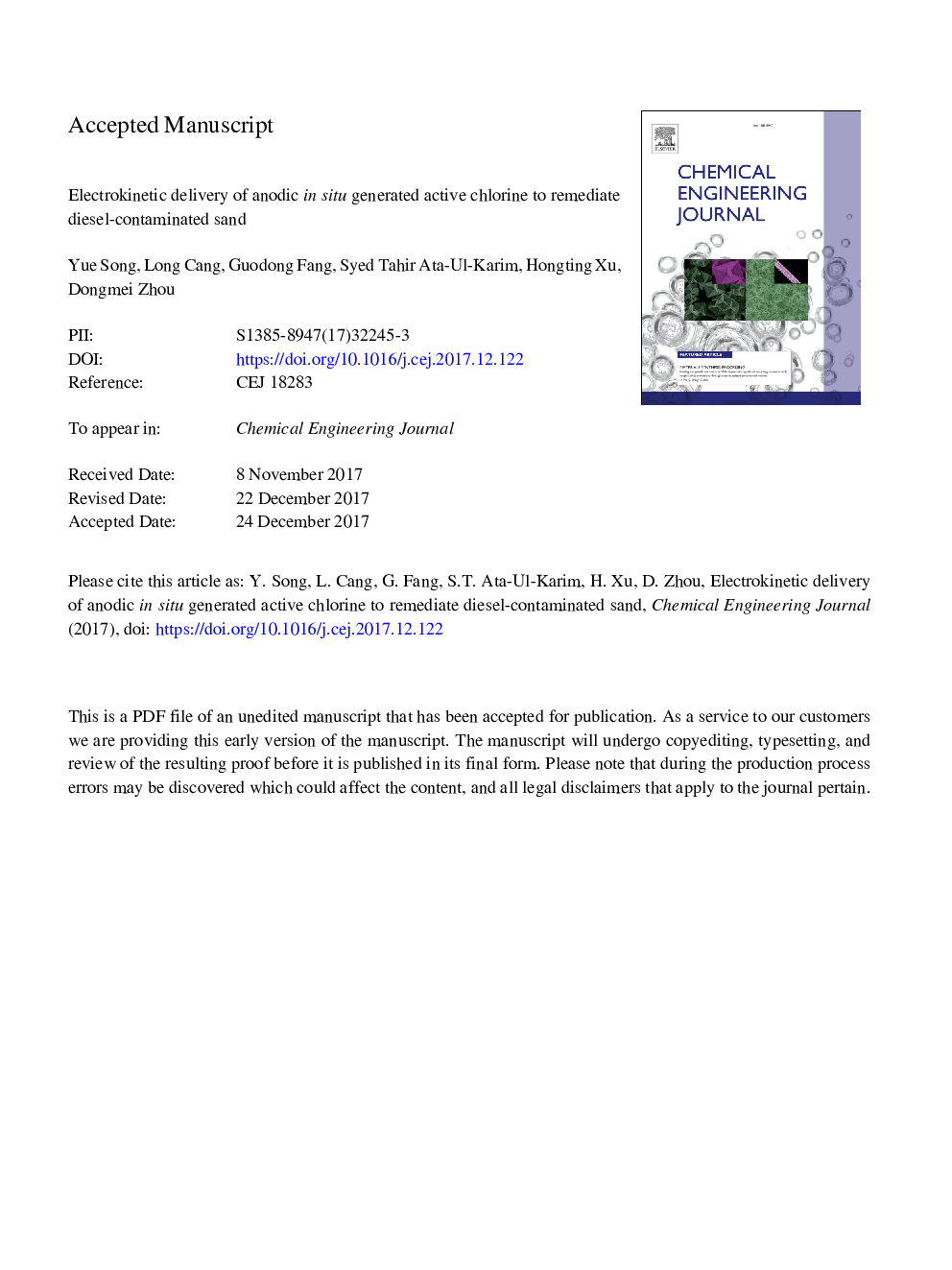 Electrokinetic delivery of anodic in situ generated active chlorine to remediate diesel-contaminated sand