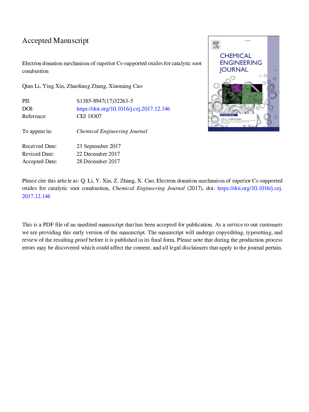 Electron donation mechanism of superior Cs-supported oxides for catalytic soot combustion