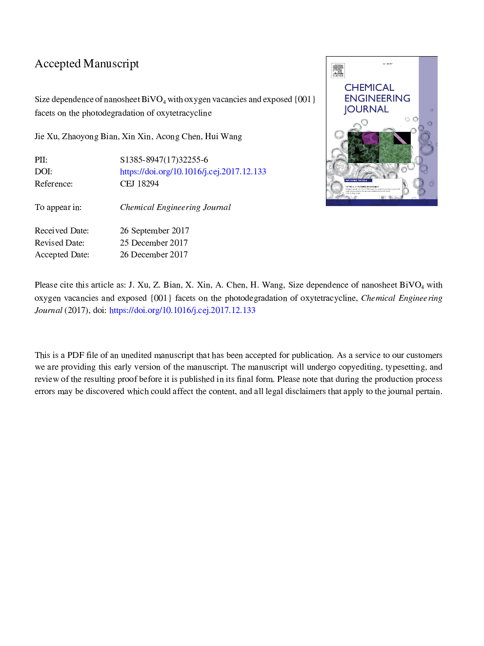 عکس صفحه اول مقاله: Size dependence of nanosheet BiVO4 with oxygen vacancies and exposed {0â¯0â¯1} facets on the photodegradation of oxytetracycline Size dependence of nanosheet BiVO4 with oxygen vacancies and exposed {0â¯0â¯1} facets on the photodegradation of oxytetracycline
