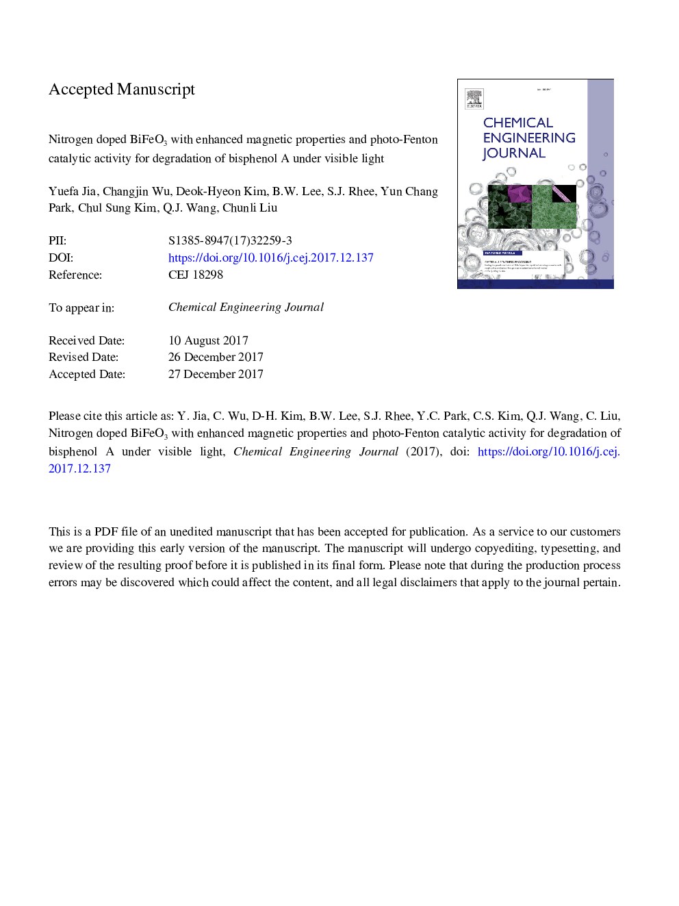 Nitrogen doped BiFeO3 with enhanced magnetic properties and photo-Fenton catalytic activity for degradation of bisphenol A under visible light