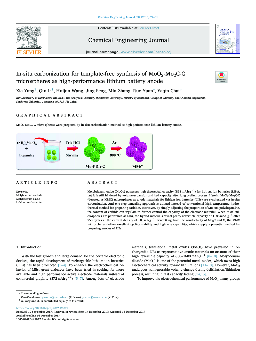 In-situ carbonization for template-free synthesis of MoO2-Mo2C-C microspheres as high-performance lithium battery anode