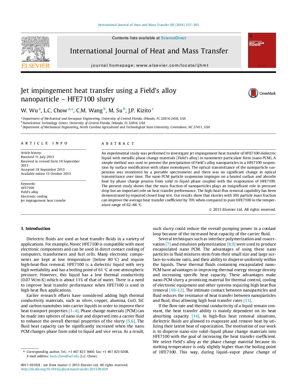 Jet impingement heat transfer using a Field's alloy nanoparticle - HFE7100 slurry