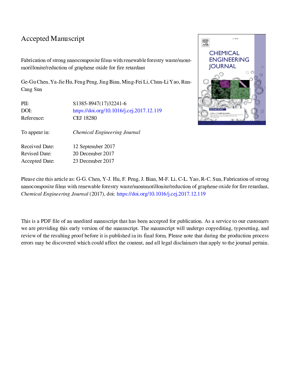 Fabrication of strong nanocomposite films with renewable forestry waste/montmorillonite/reduction of graphene oxide for fire retardant