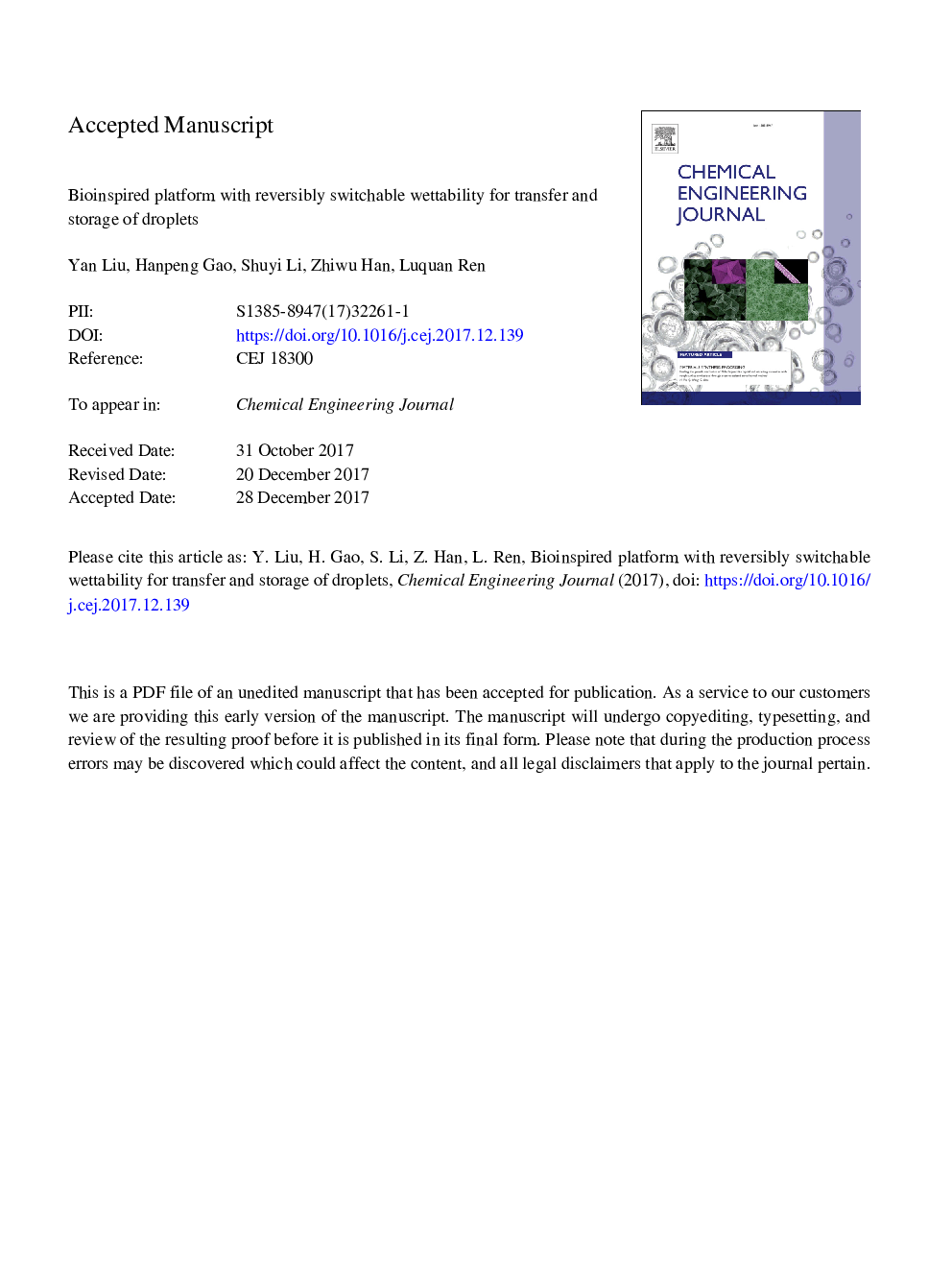 عکس صفحه اول مقاله: Bioinspired platform with reversibly switchable wettability for transfer and storage of droplets Bioinspired platform with reversibly switchable wettability for transfer and storage of droplets