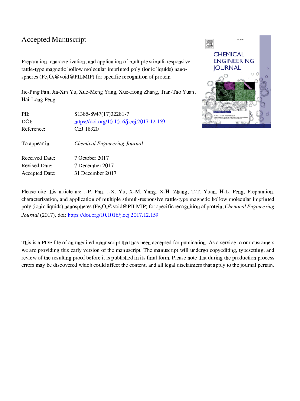 Preparation, characterization, and application of multiple stimuli-responsive rattle-type magnetic hollow molecular imprinted poly (ionic liquids) nanospheres (Fe3O4@void@PILMIP) for specific recognition of protein