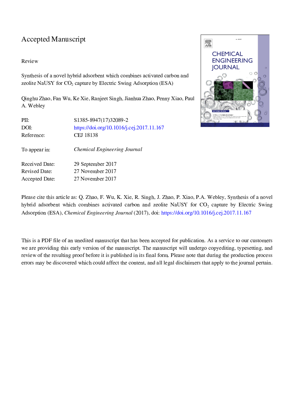 Synthesis of a novel hybrid adsorbent which combines activated carbon and zeolite NaUSY for CO2 capture by electric swing adsorption (ESA)