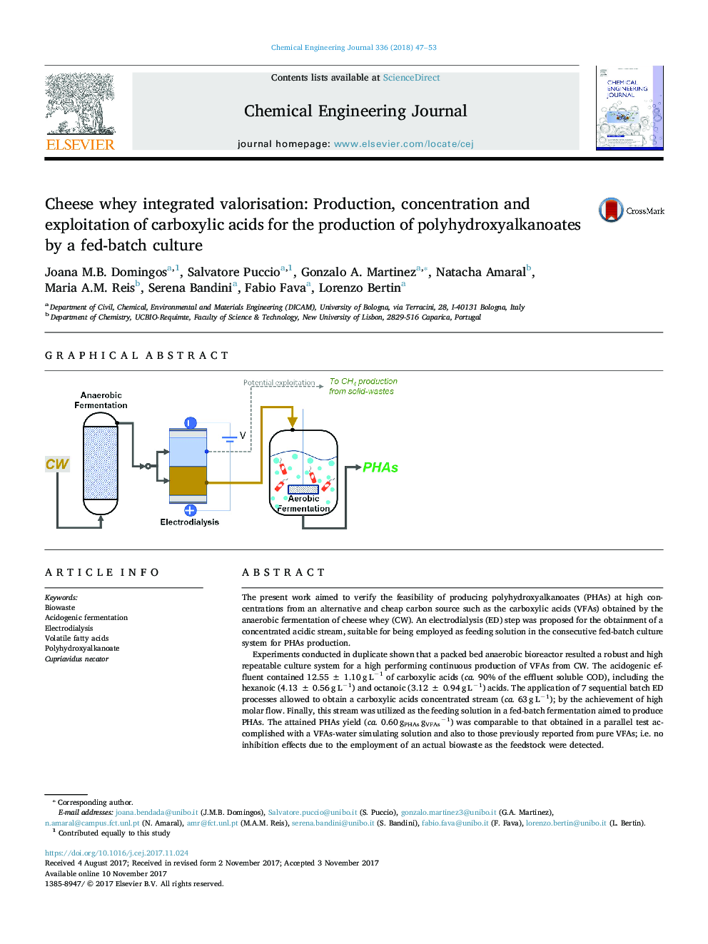 Cheese whey integrated valorisation: Production, concentration and exploitation of carboxylic acids for the production of polyhydroxyalkanoates by a fed-batch culture
