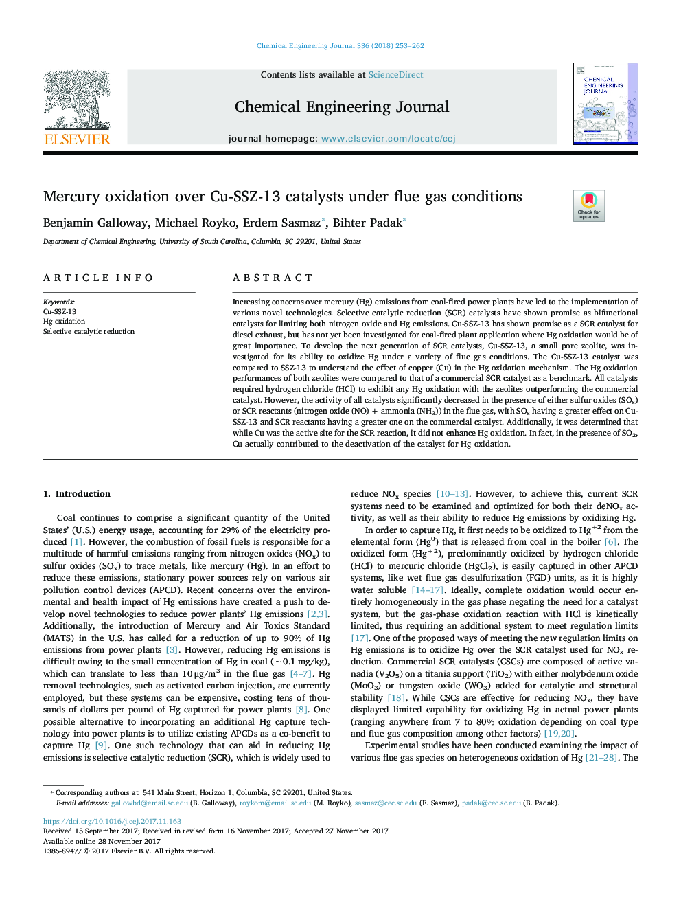 Mercury oxidation over Cu-SSZ-13 catalysts under flue gas conditions