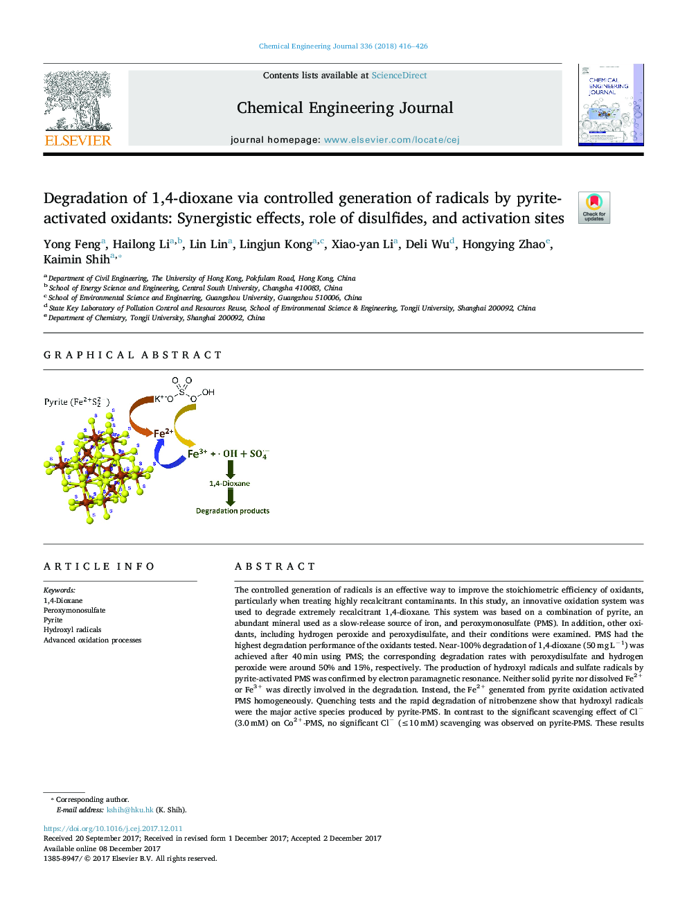 Degradation of 1,4-dioxane via controlled generation of radicals by pyrite-activated oxidants: Synergistic effects, role of disulfides, and activation sites