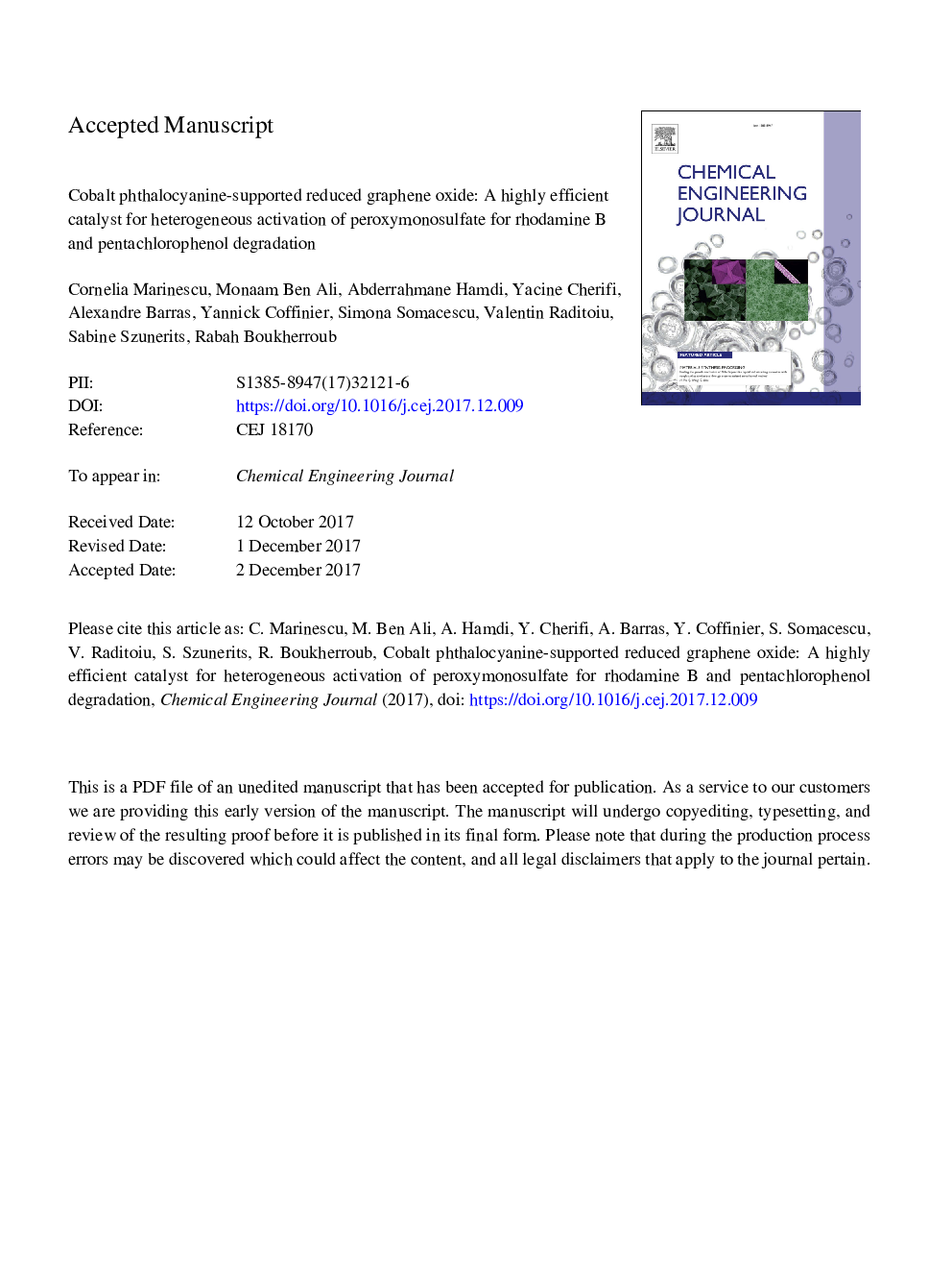 Cobalt phthalocyanine-supported reduced graphene oxide: A highly efficient catalyst for heterogeneous activation of peroxymonosulfate for rhodamine B and pentachlorophenol degradation