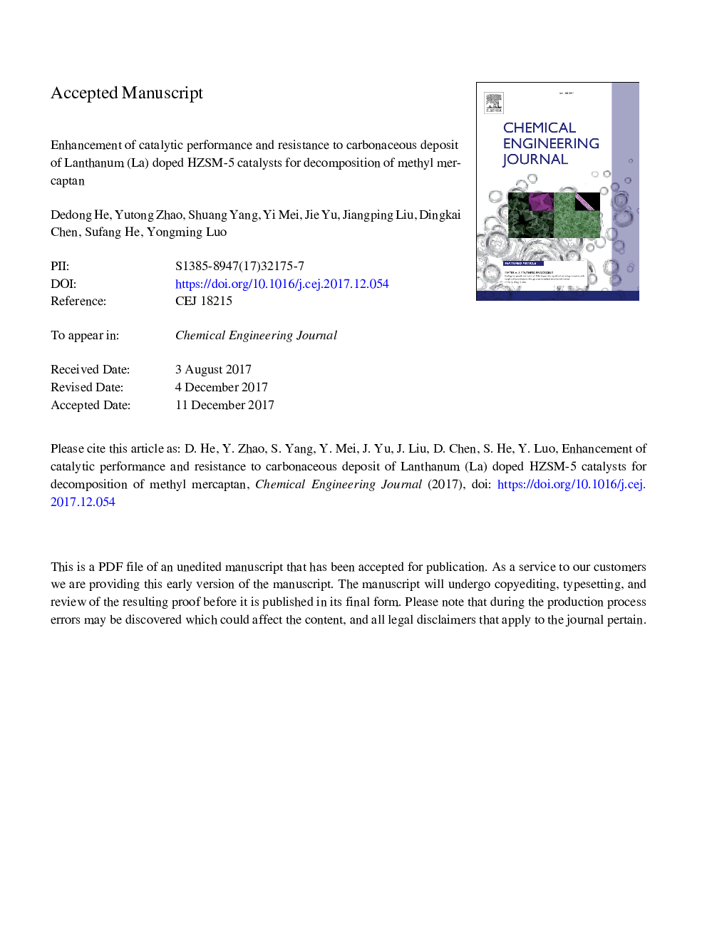 Enhancement of catalytic performance and resistance to carbonaceous deposit of lanthanum (La) doped HZSM-5 catalysts for decomposition of methyl mercaptan