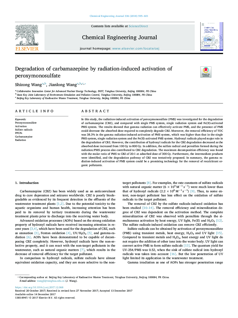 Degradation of carbamazepine by radiation-induced activation of peroxymonosulfate