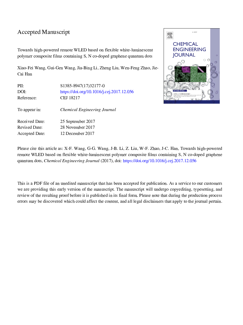 Towards high-powered remote WLED based on flexible white-luminescent polymer composite films containing S, N co-doped graphene quantum dots