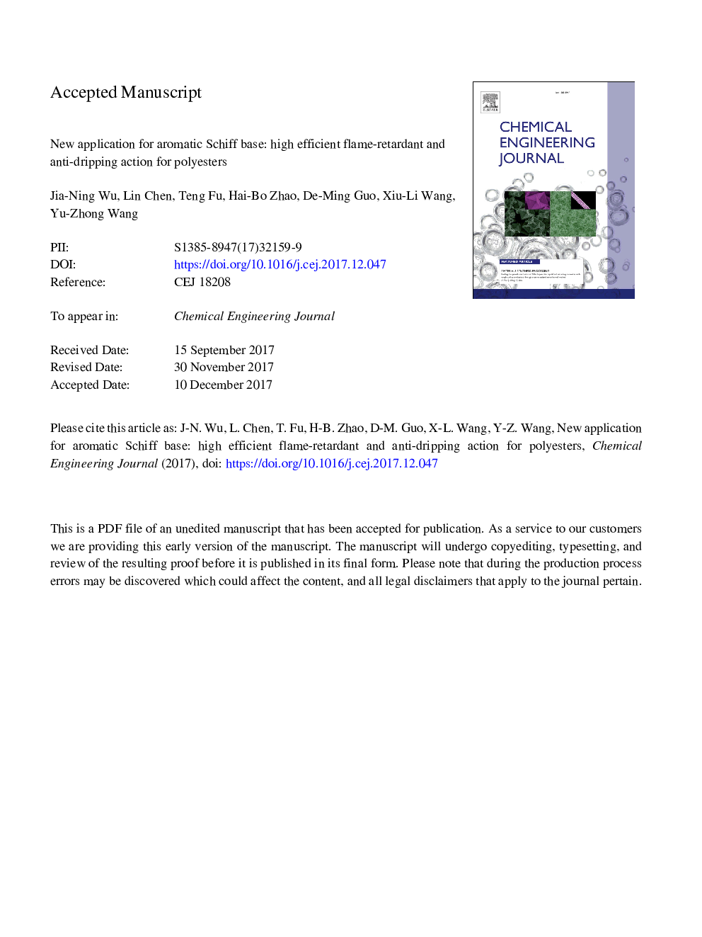 New application for aromatic Schiff base: High efficient flame-retardant and anti-dripping action for polyesters