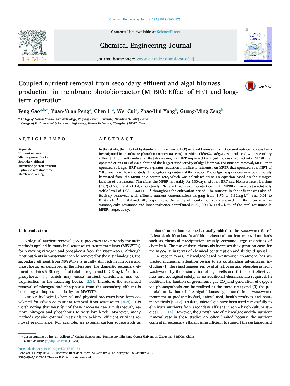 Coupled nutrient removal from secondary effluent and algal biomass production in membrane photobioreactor (MPBR): Effect of HRT and long-term operation