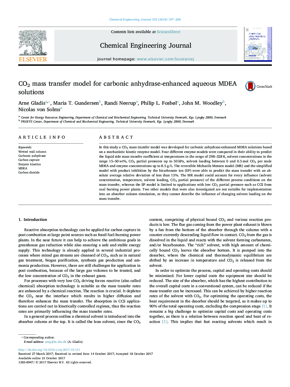 CO2 mass transfer model for carbonic anhydrase-enhanced aqueous MDEA solutions