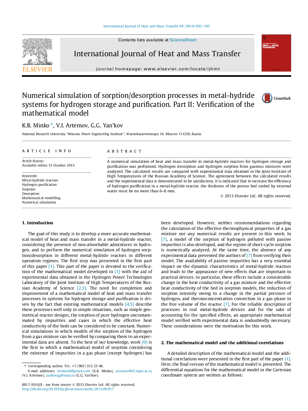 Numerical simulation of sorption/desorption processes in metal-hydride systems for hydrogen storage and purification. Part II: Verification of the mathematical model