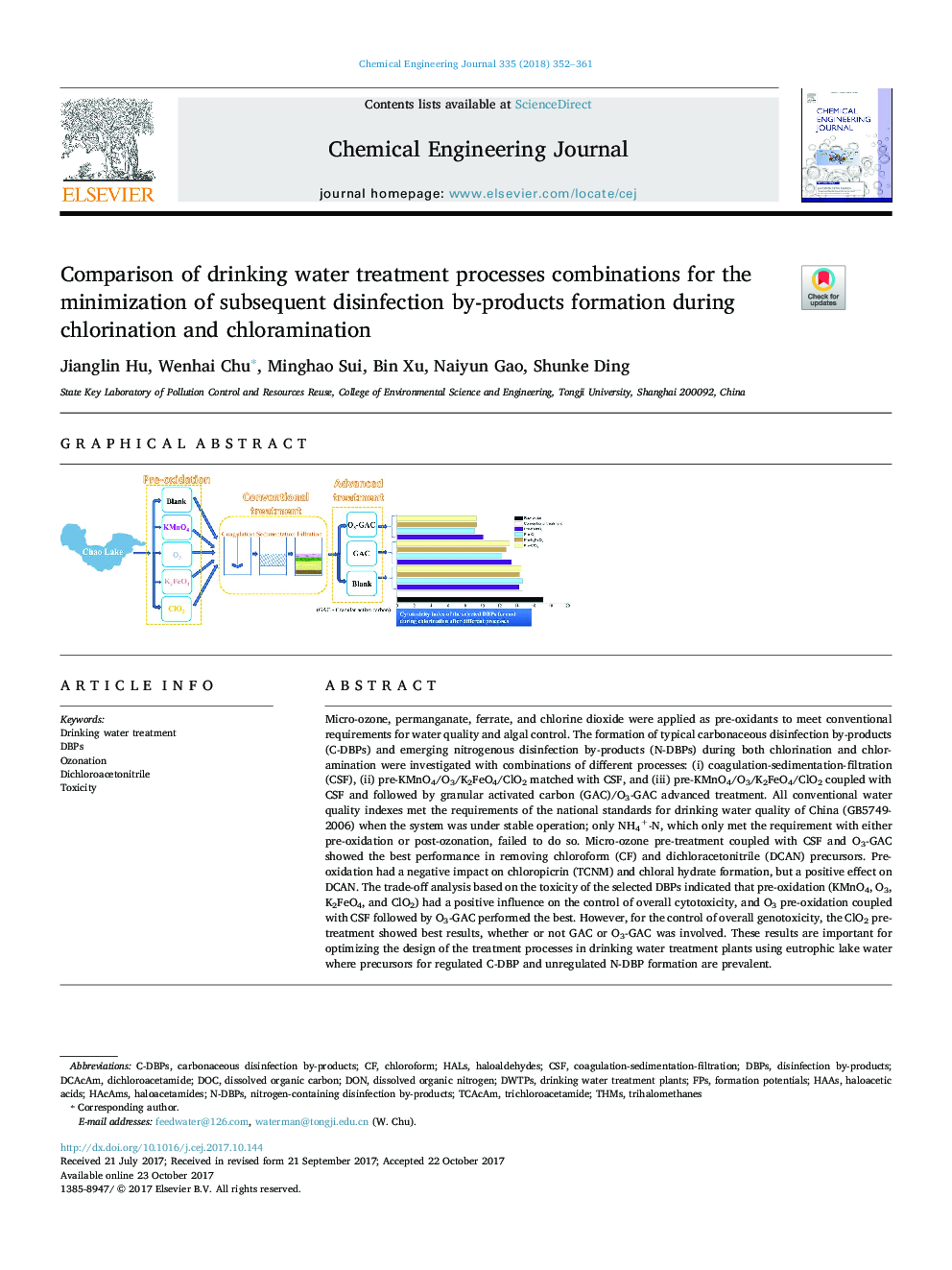 Comparison of drinking water treatment processes combinations for the minimization of subsequent disinfection by-products formation during chlorination and chloramination