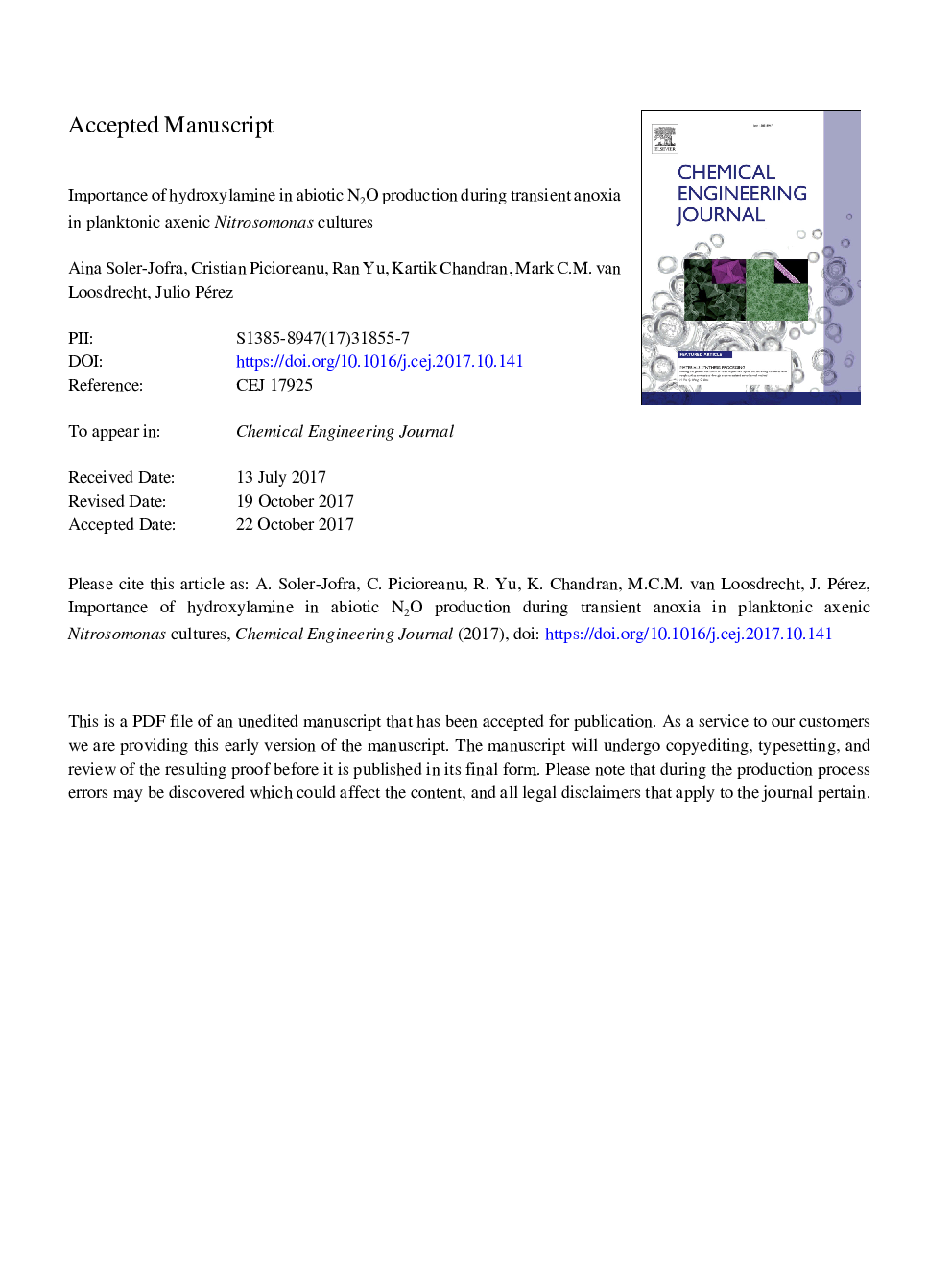 Importance of hydroxylamine in abiotic N2O production during transient anoxia in planktonic axenic Nitrosomonas cultures