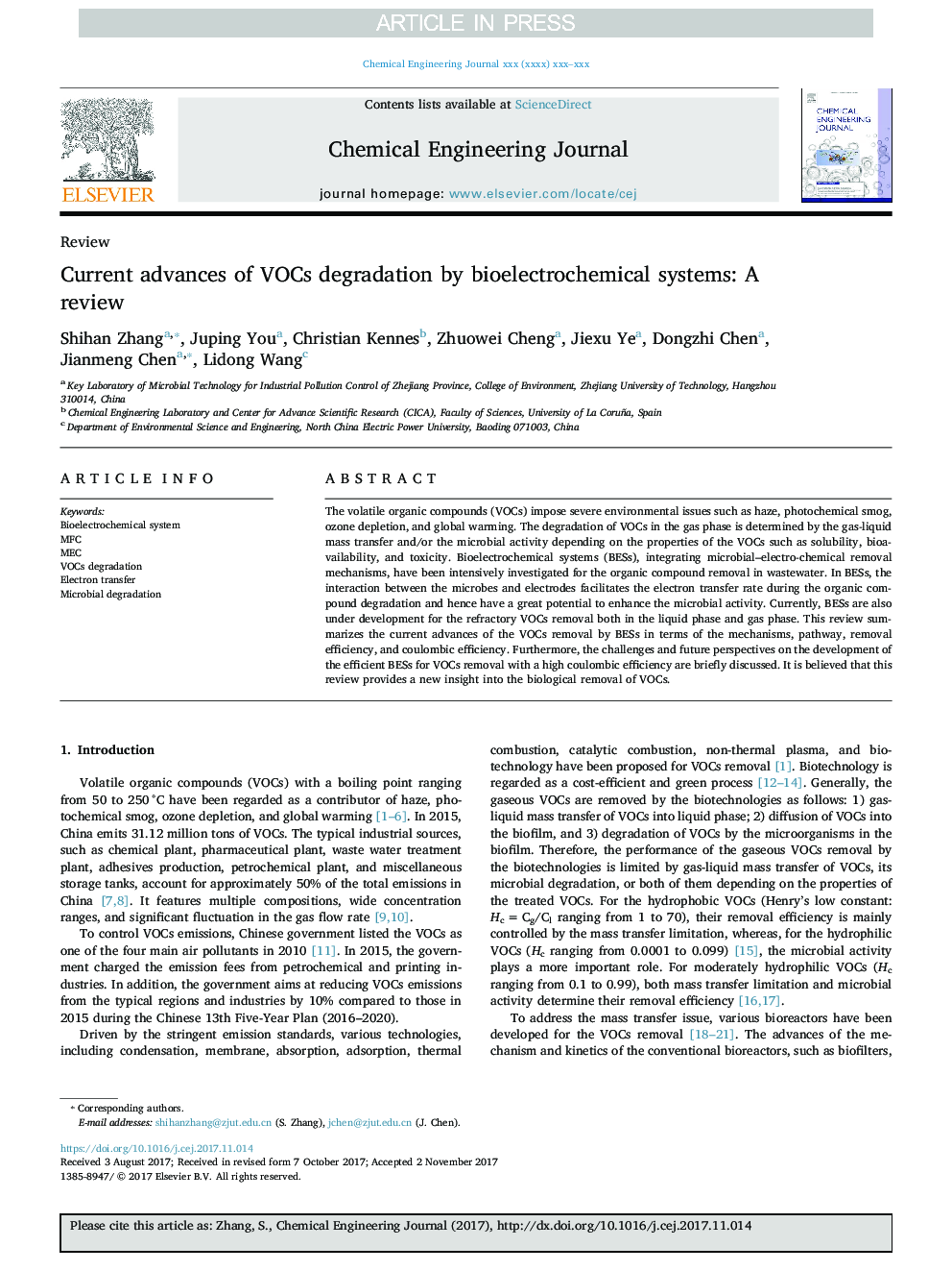 Current advances of VOCs degradation by bioelectrochemical systems: A review