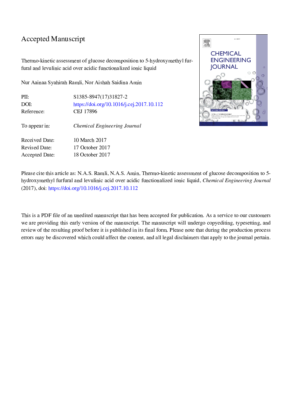 Thermo-kinetic assessment of glucose decomposition to 5-hydroxymethyl furfural and levulinic acid over acidic functionalized ionic liquid