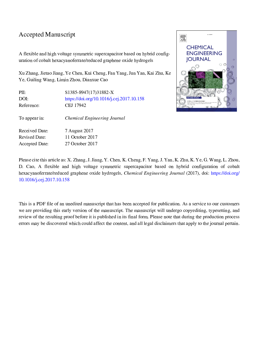 A flexible and high voltage symmetric supercapacitor based on hybrid configuration of cobalt hexacyanoferrate/reduced graphene oxide hydrogels