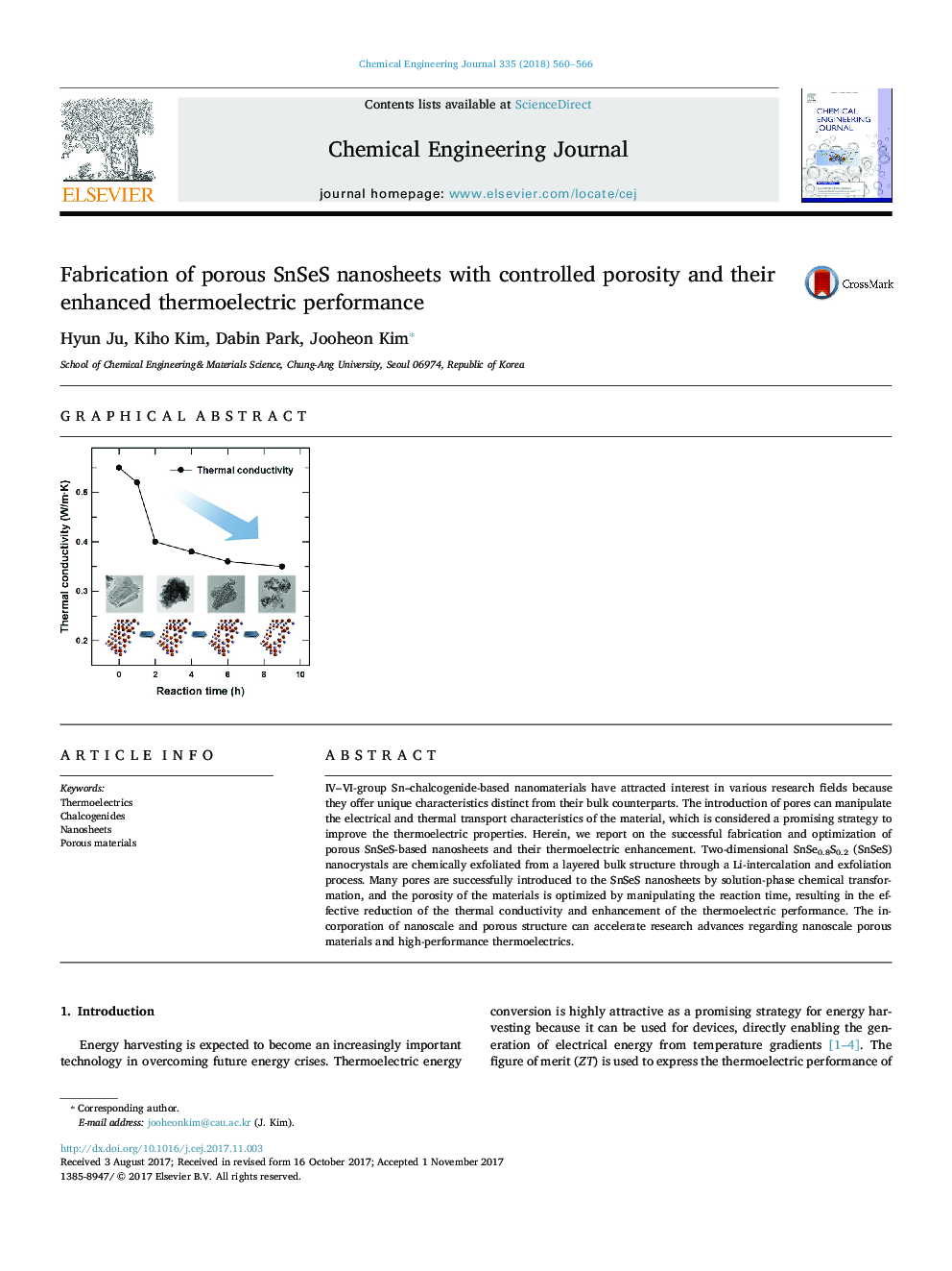 Fabrication of porous SnSeS nanosheets with controlled porosity and their enhanced thermoelectric performance