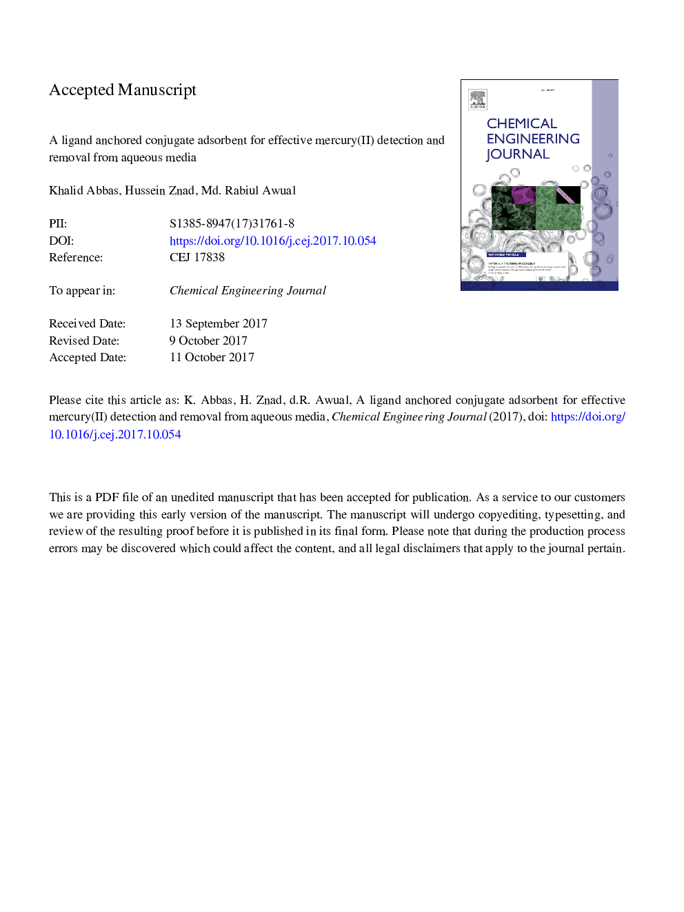 A ligand anchored conjugate adsorbent for effective mercury(II) detection and removal from aqueous media