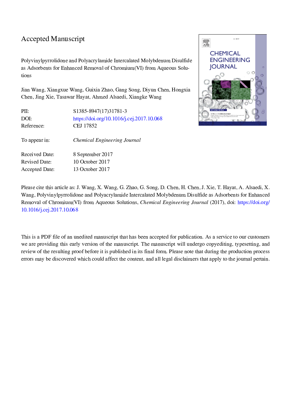 Polyvinylpyrrolidone and polyacrylamide intercalated molybdenum disulfide as adsorbents for enhanced removal of chromium(VI) from aqueous solutions