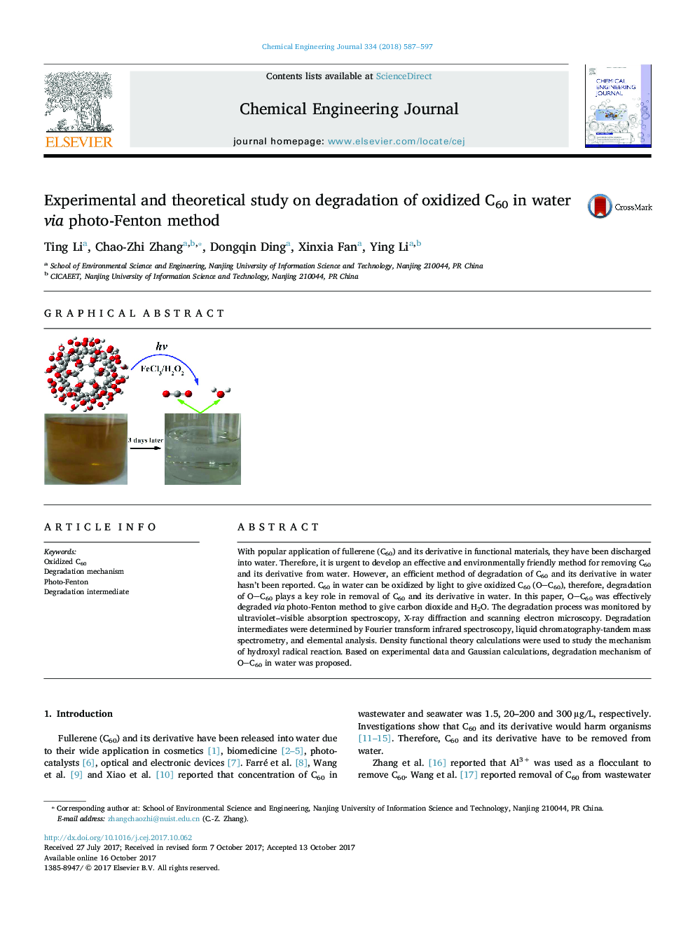 Experimental and theoretical study on degradation of oxidized C60 in water via photo-Fenton method