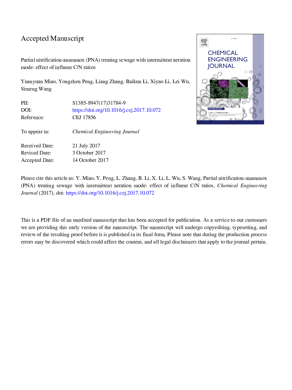 Partial nitrification-anammox (PNA) treating sewage with intermittent aeration mode: Effect of influent C/N ratios