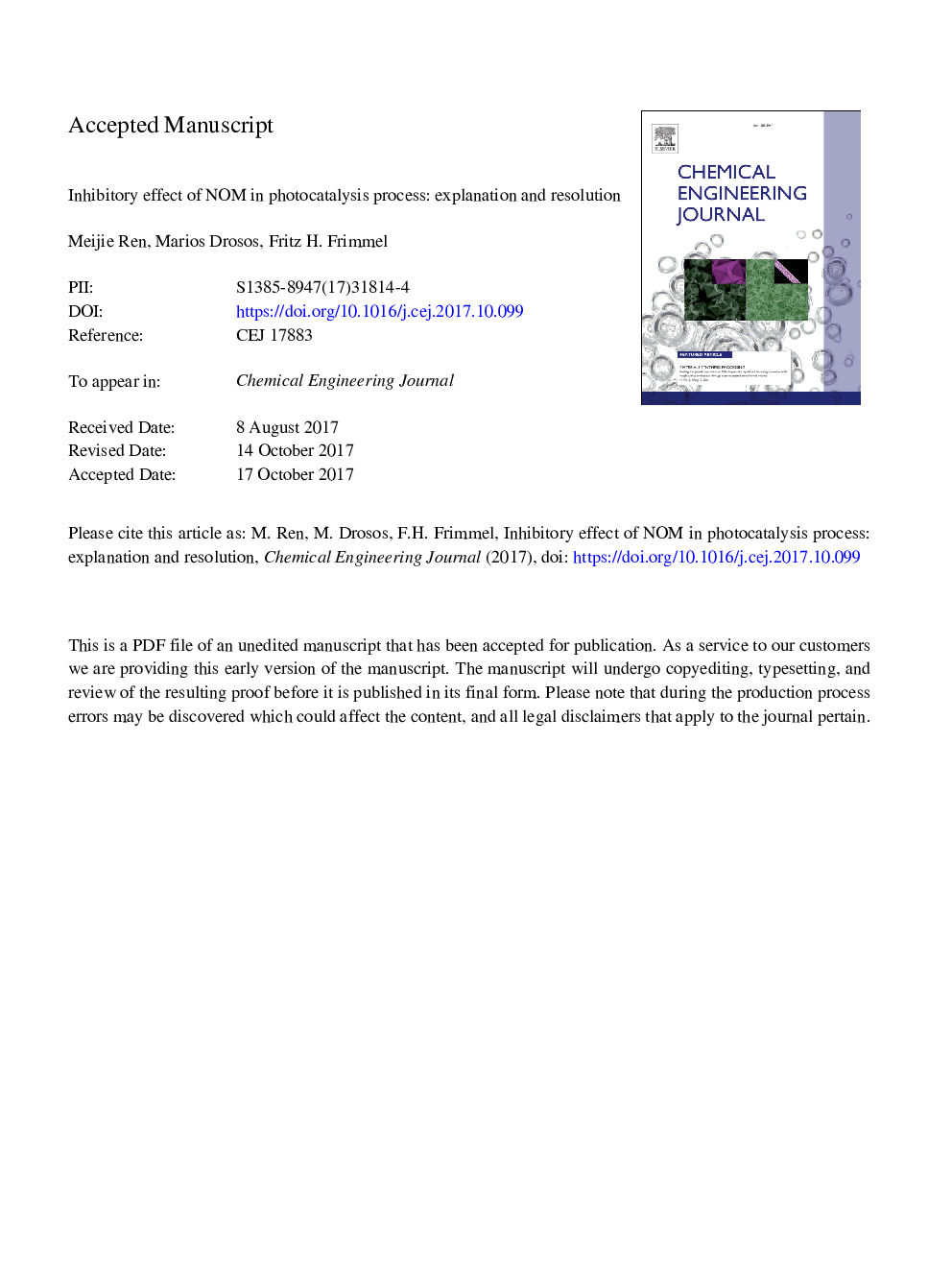 Inhibitory effect of NOM in photocatalysis process: Explanation and resolution