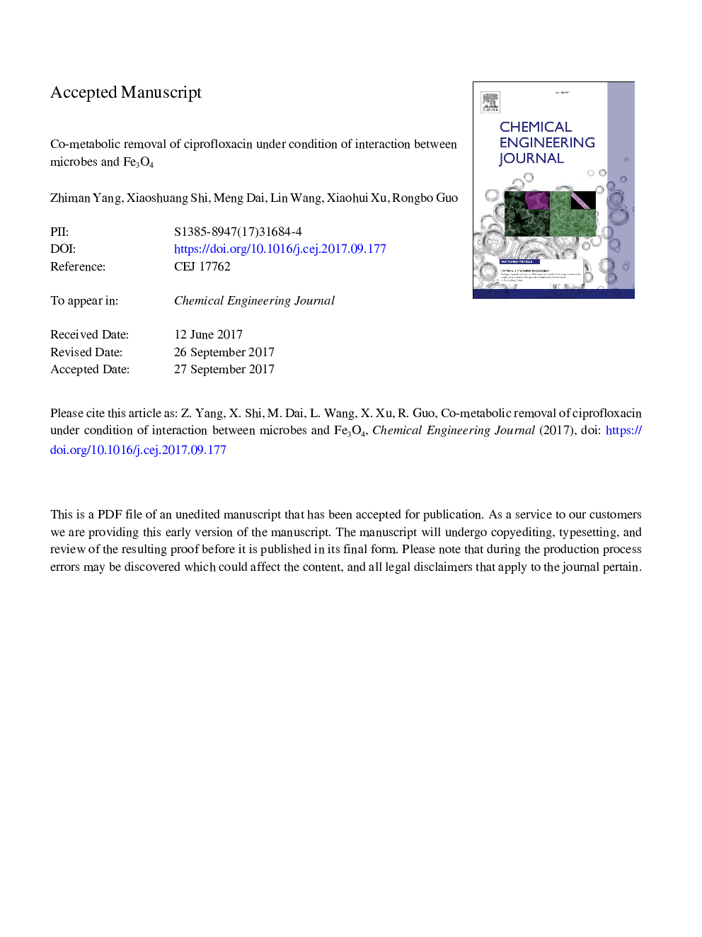 Co-metabolic removal of ciprofloxacin under condition of interaction between microbes and Fe3O4