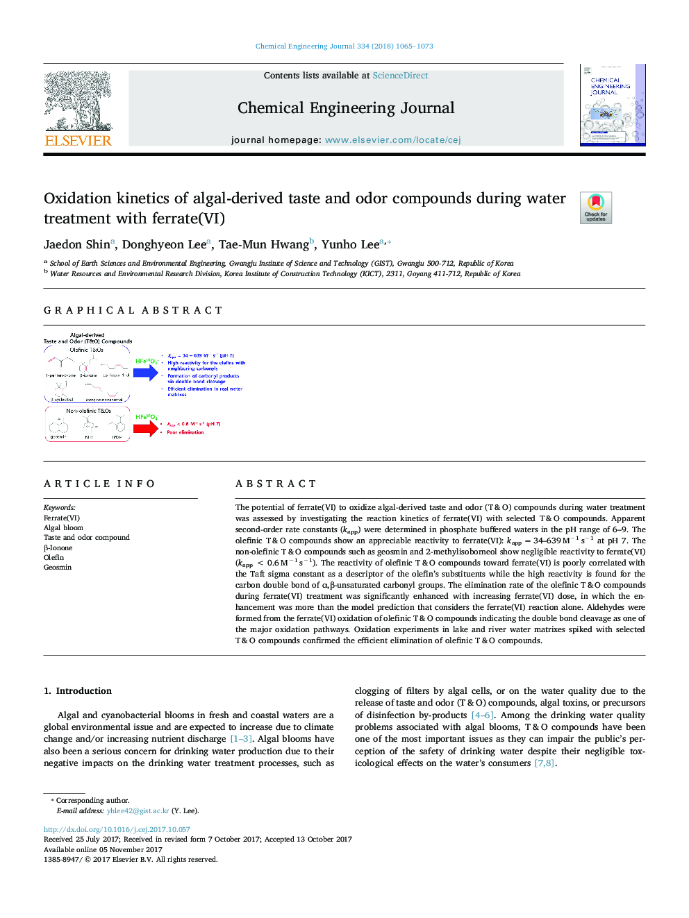 Oxidation kinetics of algal-derived taste and odor compounds during water treatment with ferrate(VI)