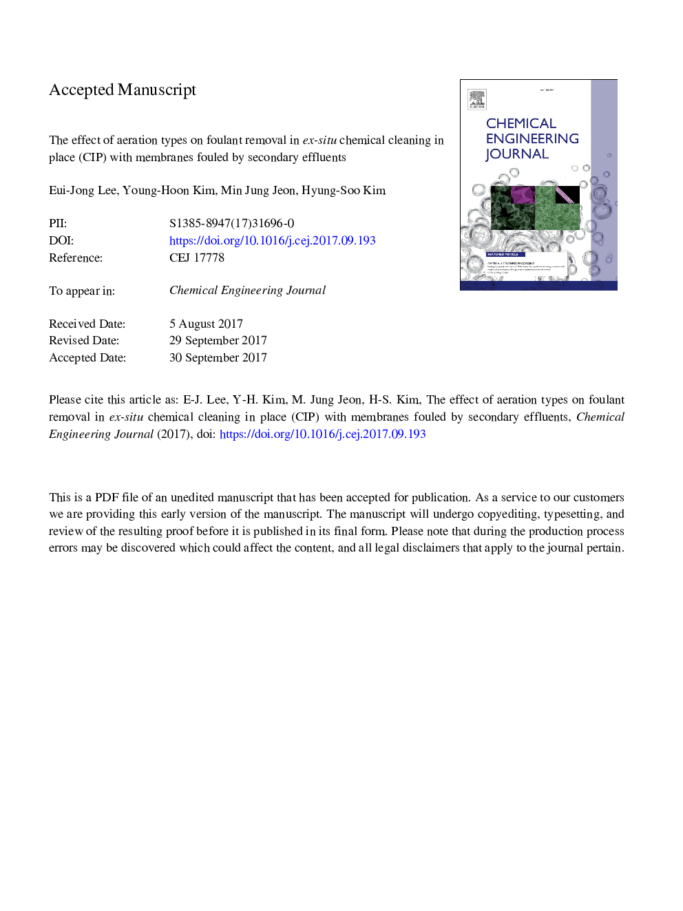 The effect of aeration types on foulant removal in ex-situ chemical cleaning in place (CIP) with membranes fouled by secondary effluents