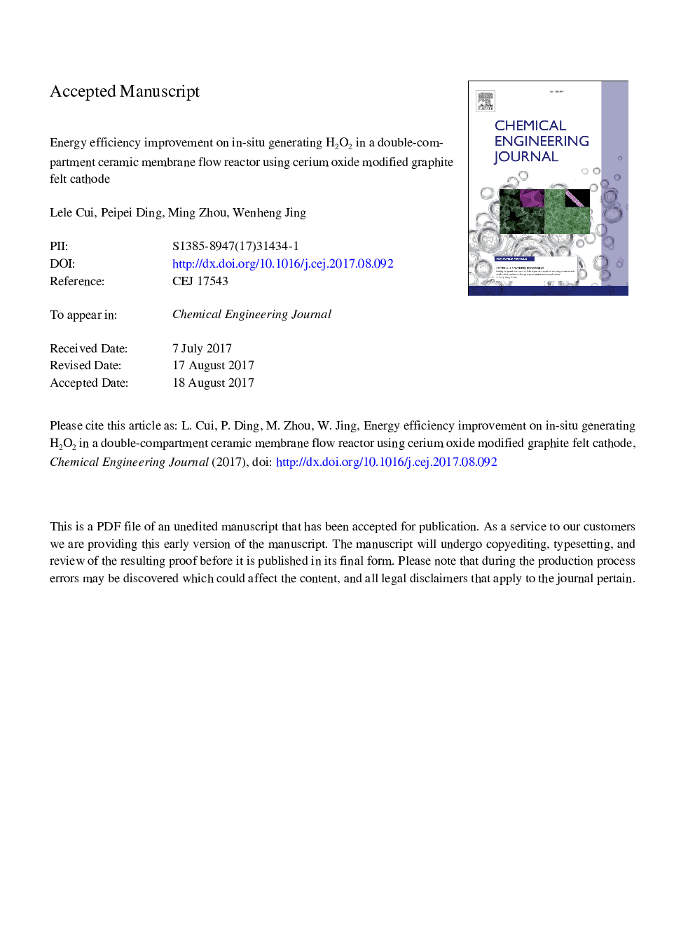 Energy efficiency improvement on in situ generating H2O2 in a double-compartment ceramic membrane flow reactor using cerium oxide modified graphite felt cathode