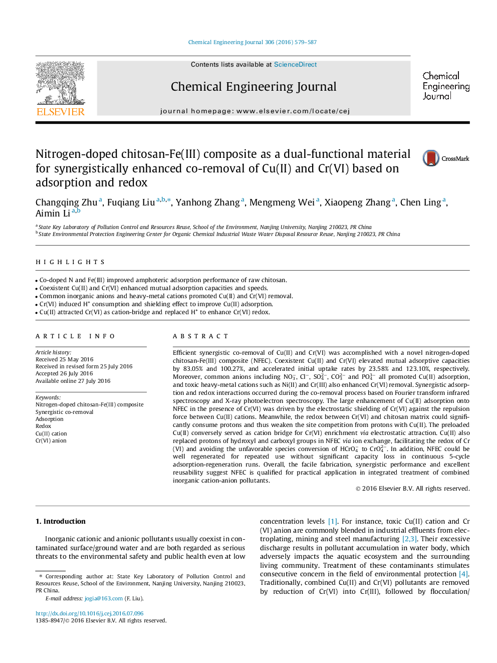 Nitrogen-doped chitosan-Fe(III) composite as a dual-functional material for synergistically enhanced co-removal of Cu(II) and Cr(VI) based on adsorption and redox