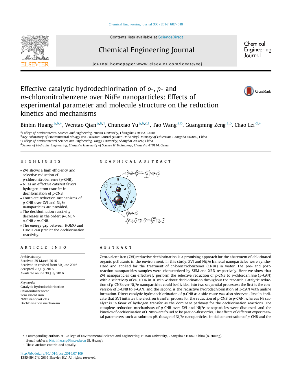 Effective catalytic hydrodechlorination of o-, p- and m-chloronitrobenzene over Ni/Fe nanoparticles: Effects of experimental parameter and molecule structure on the reduction kinetics and mechanisms