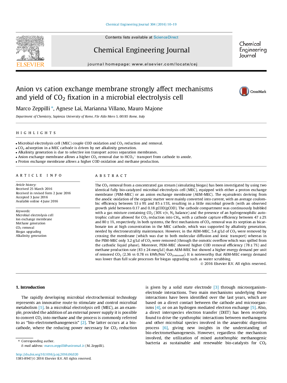 Anion vs cation exchange membrane strongly affect mechanisms and yield of CO2 fixation in a microbial electrolysis cell