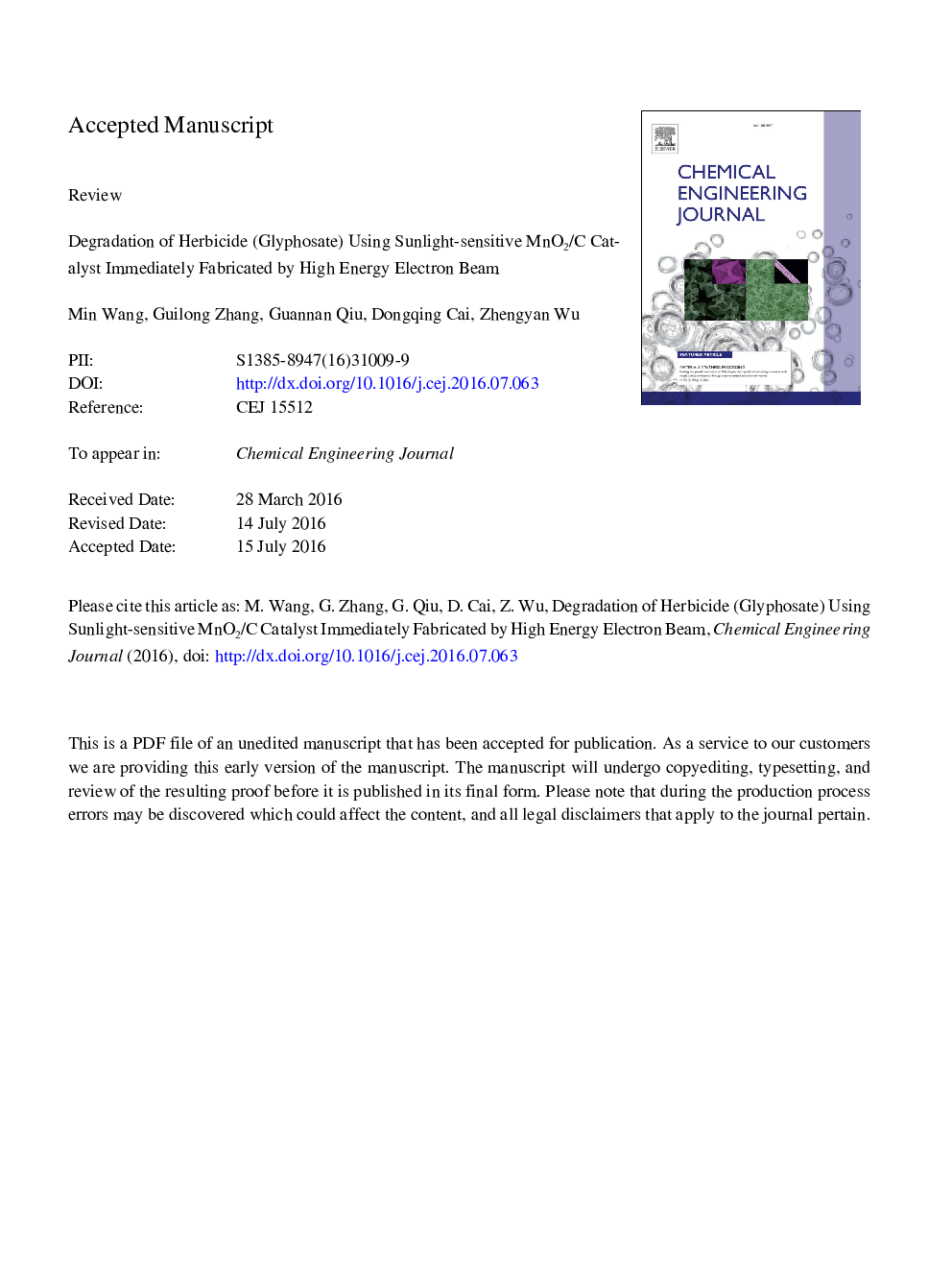 Degradation of herbicide (glyphosate) using sunlight-sensitive MnO2/C catalyst immediately fabricated by high energy electron beam