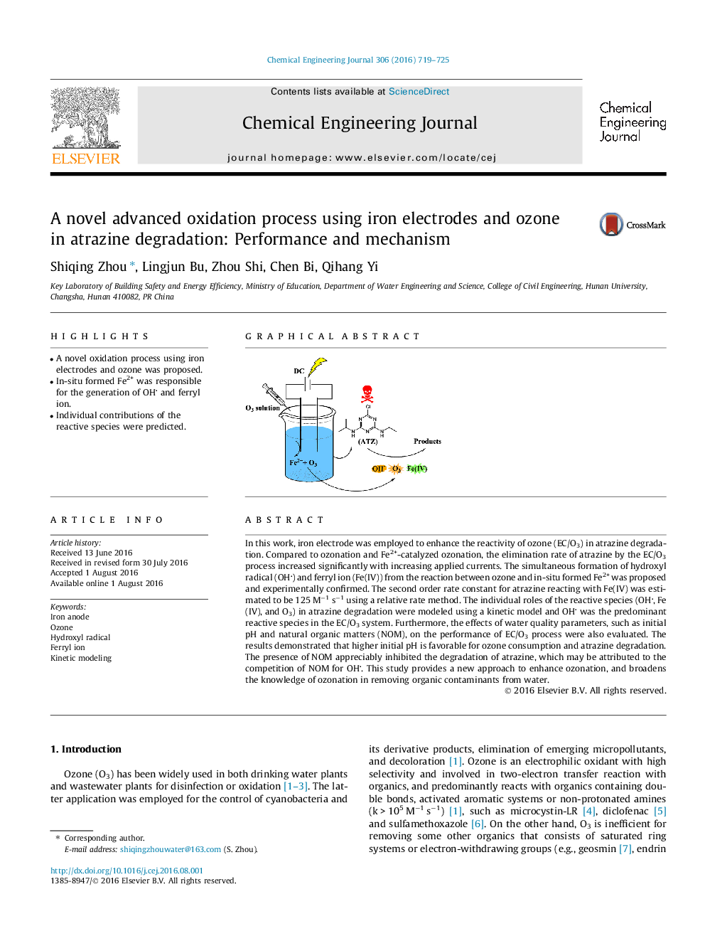 یک فرایند پیشرفته اکسیداسیون پیشرفته با استفاده از الکترودهای آهن و ازن در تجزیه آترازین: عملکرد و مکانیزم 