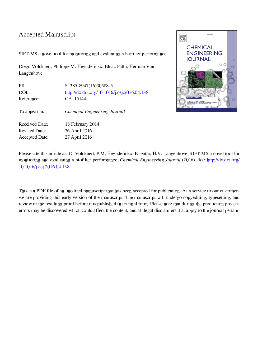 SIFT-MS a novel tool for monitoring and evaluating a biofilter performance