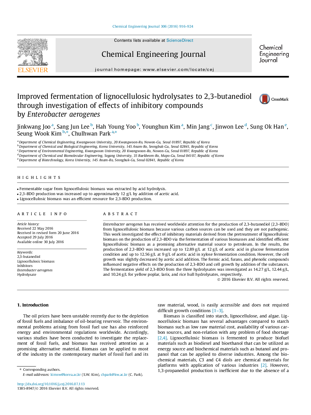 Improved fermentation of lignocellulosic hydrolysates to 2,3-butanediol through investigation of effects of inhibitory compounds by Enterobacter aerogenes