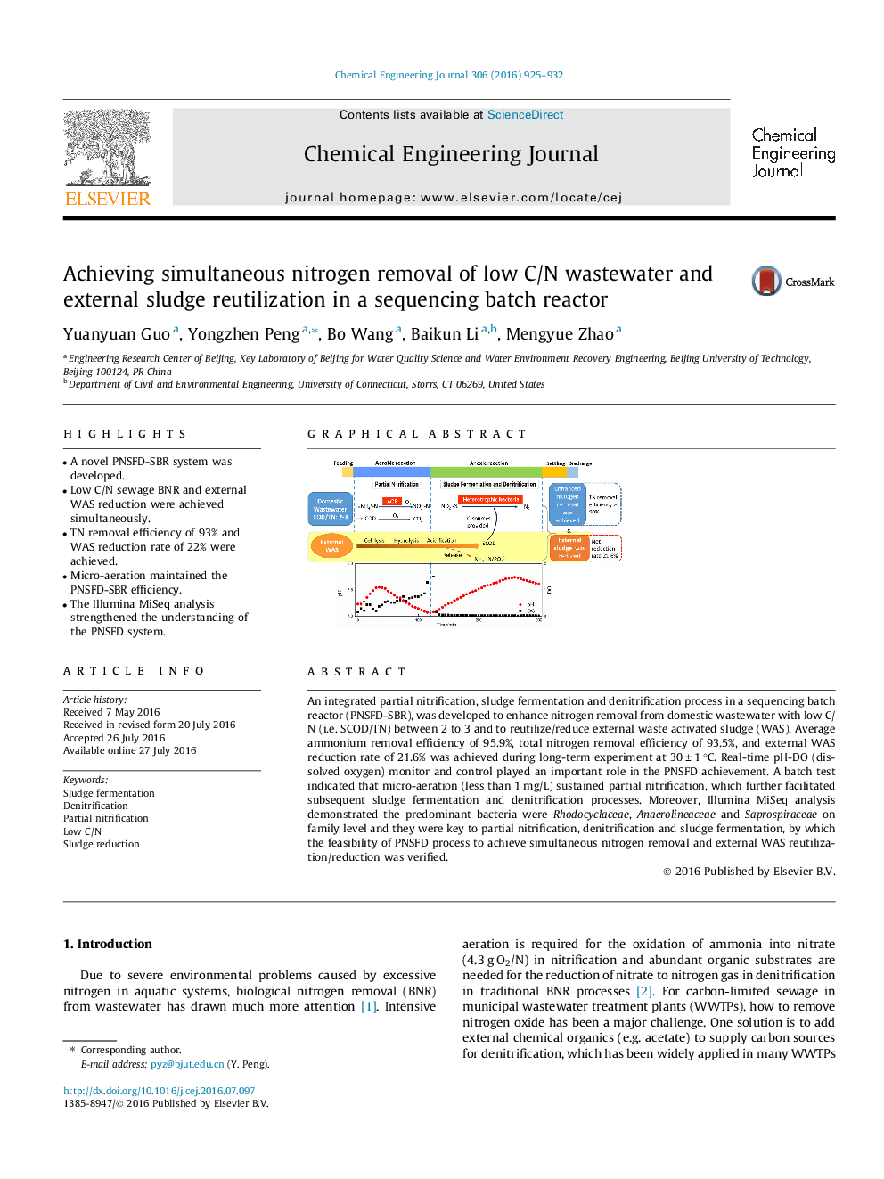 عکس صفحه اول مقاله: Achieving simultaneous nitrogen removal of low C/N wastewater and external sludge reutilization in a sequencing batch reactor Achieving simultaneous nitrogen removal of low C/N wastewater and external sludge reutilization in a sequencing batch reactor